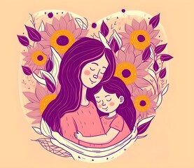 Ilustración vectorial, caricatura de madre e hija abrazadas. rodeadas por un corazón de flores