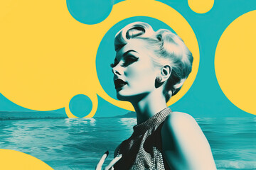 Vintage Illustration of a beautiful woman with blonde shorthair over the sea, Pin up, pop art, Generative AI