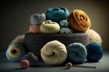 basket filled with colorful yarn balls and knitting needles. Generative AI