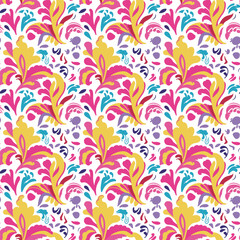 Vibrant and playful abstract floral Pucci pattern in pink, yellow, purple, blue, and red on white. A perfect addition to fashion and home decor.