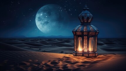 An image of an illuminated eid lantern at night with generative ai