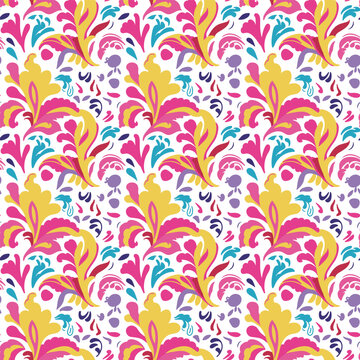 Vibrant and playful abstract floral Pucci pattern in pink, yellow, purple, blue, and red on white. A perfect addition to fashion and home decor.