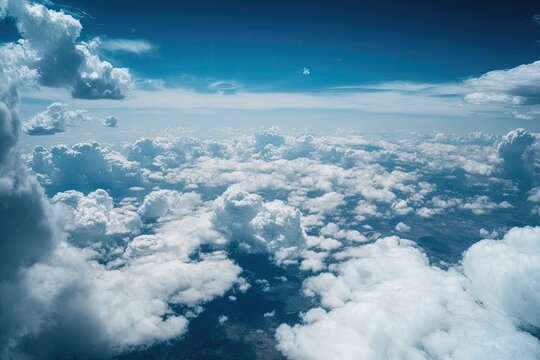 aerial view of clouds and sky from an airplane window. Generative AI