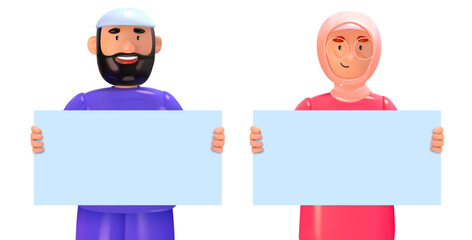 Muslim woman and man with blank placards or banners in their hands. Background for text, saying, information or opinion. 3d style. Vector illustration