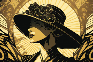 Generative AI. Black and gold art deco style portrait of a beautiful woman © britaseifert