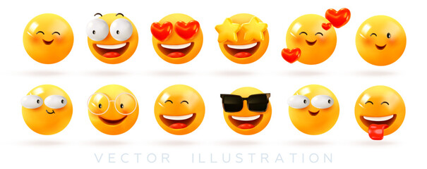 Set of 3d emoticons. Smile, positive emotions, emoji. Mood and facial expression. Delight, love, surprise, admiration, joy and laughter. Vector illustration