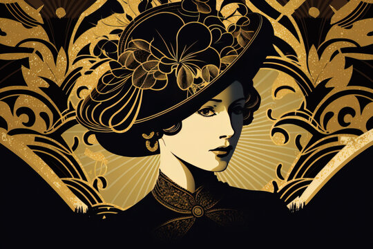 Generative AI. Black and gold art deco style portrait of a beautiful woman