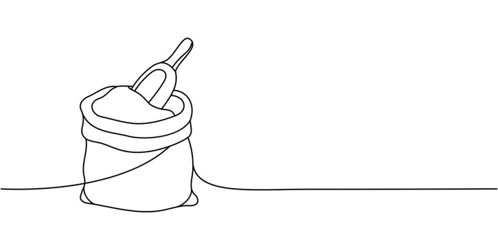 Bag of flour one line continuous drawing. Bakery pastry products continuous one line illustration. Vector minimalist linear illustration.