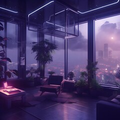 Modern office interior. Futuristic living room with interior design, futuristic, glass window, skyscraper, cyberpunk, clouds, foggy, purple, plants, concept. Created using generative AI.