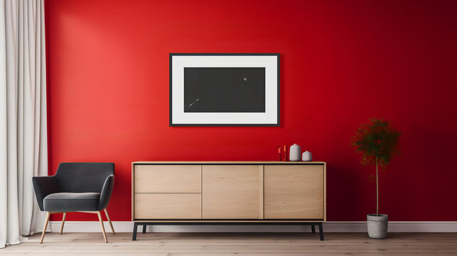 Adaptable mockup frame on wood cabinet in a living room with plain white wall and vivid red wall. generative ai