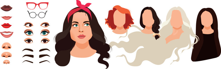 Woman face constructor, avatar of female character creation dark skin heads, hairstyle, nose, eyes with eyebrows and lips. Isolated facial elements for construction cartoon vector set