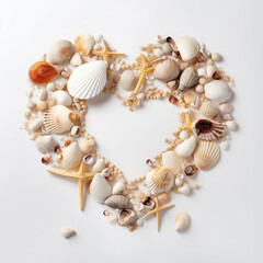 Obraz premium Heart shape composition of seashells and starfishes, flatlay. Generative AI
