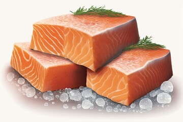 three fresh and raw salmon fillets on a bed of ice. Generative AI