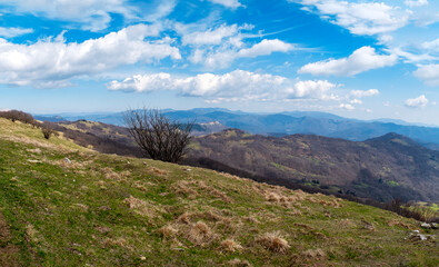 Springtime panorama of the Ligurian Apennines, towards the Piedmont side, seen from the top of Antola mountain  is a small peak on the borders between Piedmont and Liguria (Northern Italy).