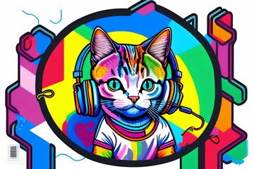 colorful cat wearing headphones-Generate AI