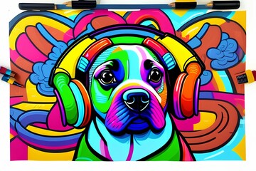 colorful dog wearing headphones-Generate AI