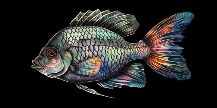 fish isolated on black, concept watercolor illustration isolated on white, AI generative image