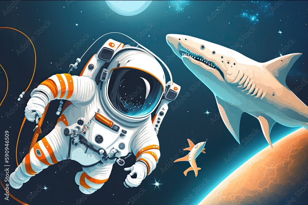 Wall mural an astronaut floating in space beside a great white shark. generative ai