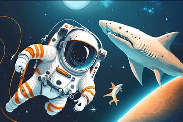 an astronaut floating in space beside a great white shark. Generative AI