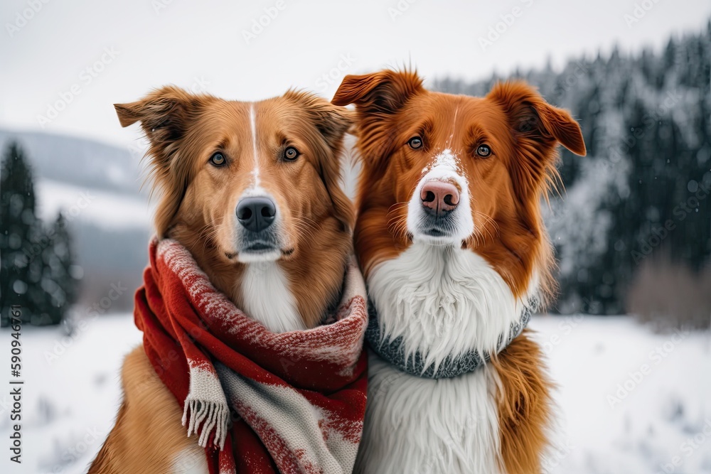 Poster two dogs standing in a snowy landscape. Generative AI