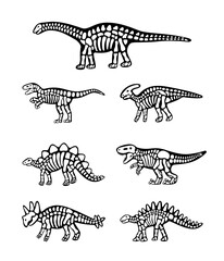 Set of dinosaur bones. Triceratops, Tyrannosaurus, Kentrosaurus, Brahiosaurus, Velociraptor, Stegosaurus, Parasaurolophus. Dinosaur bones with skull.
