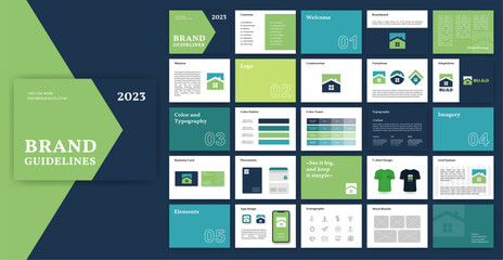 Green and Blue Brand Guidelines template. Logo Guide Book. Corporate identity presentation. Logo Guideline template. Logotype presentation