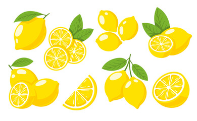 Set of yellow lemons isolated on white background. Flat style. Vector illustration