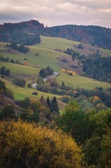 Nice rural autumn landscape with a road in the valley. Photo taken on the way to Wysoki Wierch, Slovakia.