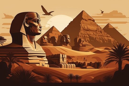 an Egyptian landscape featuring a Sphinx and Pyramids. Generative AI