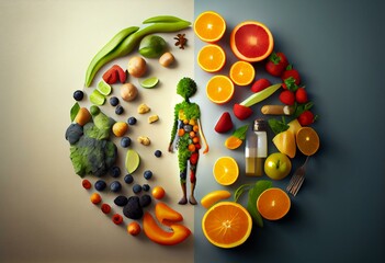 Harmonious and balanced daily diets and mindful eating little person idea. For a balanced and fit body, a complete full meal with nutritious fruits and vegetables is shown. Wellness of. Generative AI - obrazy, fototapety, plakaty