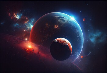 Obraz na płótnie Canvas planets in deep space illuminated by red and blue stars. Beautiful view of the cosmos. Scientific fiction. This image's components were provided by NASA. Generative AI
