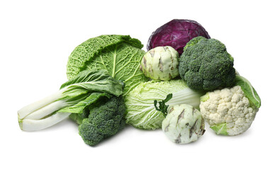 Many different types of fresh cabbage on white background