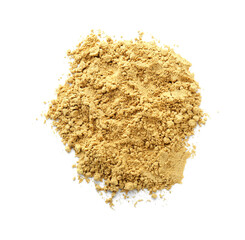 Heap of aromatic mustard powder on white background, top view