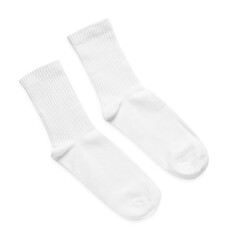 Pair of stylish clean socks isolated on white, top view