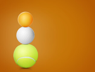 Stack of different sport balls on dark orange background, space for text