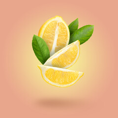 Cut fresh lemon with green leaves falling on pastel coral background