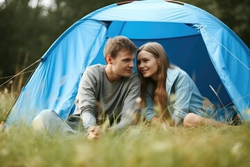 young couple posing in front of a tent, male and female mountaineers. Generative AI