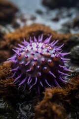 Naklejka na ściany i meble Beach Landscape A close-up of a sea urchin clinging to a rock in a tide pool, spiny exterior, round shape, vivid purple color 3 - AI Generative