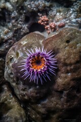 Naklejka na ściany i meble Beach Landscape A close-up of a sea urchin clinging to a rock in a tide pool, spiny exterior, round shape, vivid purple color 2 - AI Generative