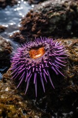 Beach Landscape A close-up of a sea urchin clinging to a rock in a tide pool, spiny exterior, round shape, vivid purple color 1 - AI Generative