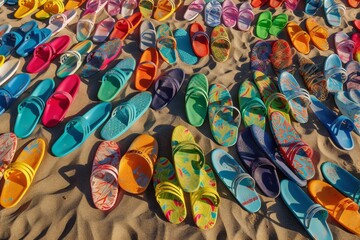 Beach Landscape A collection of brightly colored flip-flops arranged artfully on the beach, various sizes, vibrant patterns, playful design 2 - AI Generative