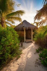 Fototapeta na wymiar Beach Landscape A deserted beach cabana surrounded by lush vegetation, thatched roof, wooden supports 4 - AI Generative