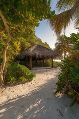 Beach Landscape A deserted beach cabana surrounded by lush vegetation, thatched roof, wooden supports 1 - AI Generative