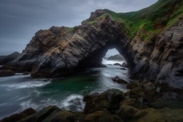 Fototapeta na wymiar Beach Landscape A natural arch formed by the erosion of a rocky shoreline, weathered rock, smooth edges, ocean water beneath 4- AI Generative