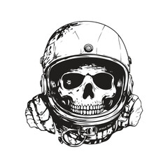 astronaut helmet with skull, vintage logo concept black and white color, hand drawn illustration © Artcuboy