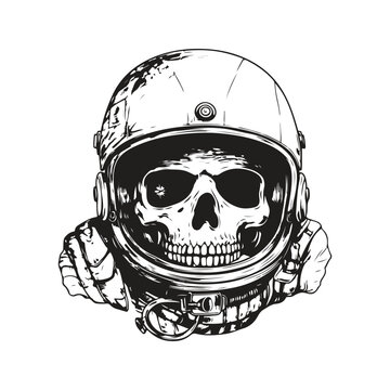 astronaut helmet with skull, vintage logo concept black and white color, hand drawn illustration