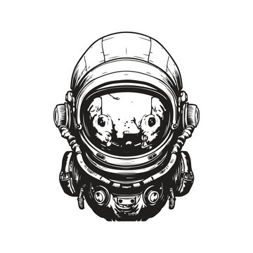 astronaut helmet, vintage logo concept black and white color, hand drawn illustration