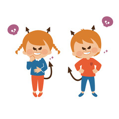 小悪魔　いらずら顔の男の子と女の子　イラスト素材