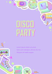 Template with retro objects for invitation, poster, advertising. 90s vibes. Space for text. Vector illustration.