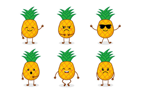 Pineapple cute fruit kawaii vector character colection